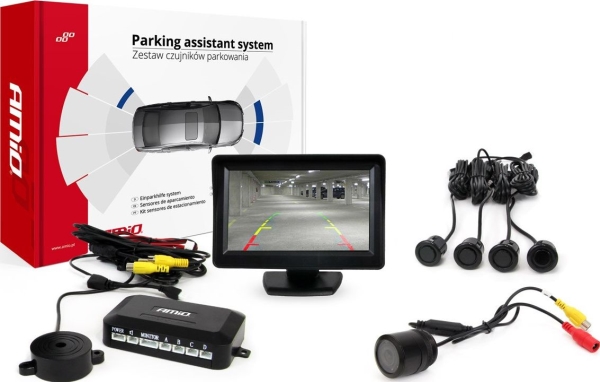 Amio Parkavimo pagalbos sistema TFT01 4,3 su CAM-402 LED kamera, 4 juodi jutikliai GOLD