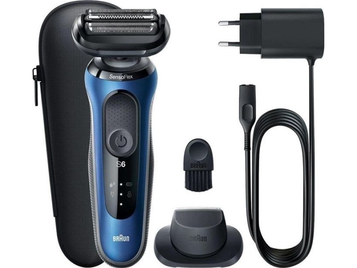 Braun Series 6 61-B1200s, Folienschaber, Edelstahl, Tasten, Schwarz, Blau, Ladend, Leistung, Akku