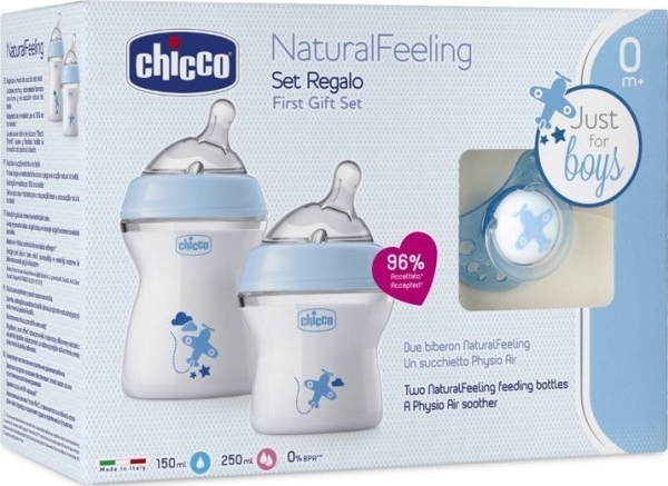 Se Chicco Chicco_Set Naturalfeeling Sutteflaske 150 Ml 0M+ + Flaske 250 Ml 2M+ + Sut Physioforma Comfort 0M+ Blå hos Computersalg.dk