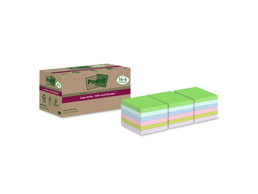 Post-it® Super Sticky 100 % kierrätetty, 18 kpl, käsinpalautettu, 76 x 76 mm