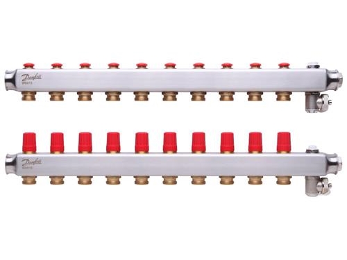 Danfoss gulvvarme Rustfrit stål manifoldsæt med 10 kredse samt udlufter & aftap
