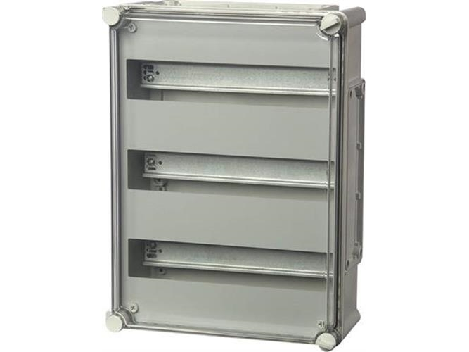 FIBOX DIN-skinnekasse HxBxD 380x280x130 mm komplet med sidehængslet låg 3x14M IP65