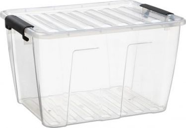 Jacobelc plast opbevaringsboks HOME BOX, 15 liter, gennemsigtig med låg, PP, sorte clips - 1 stk (22410800)