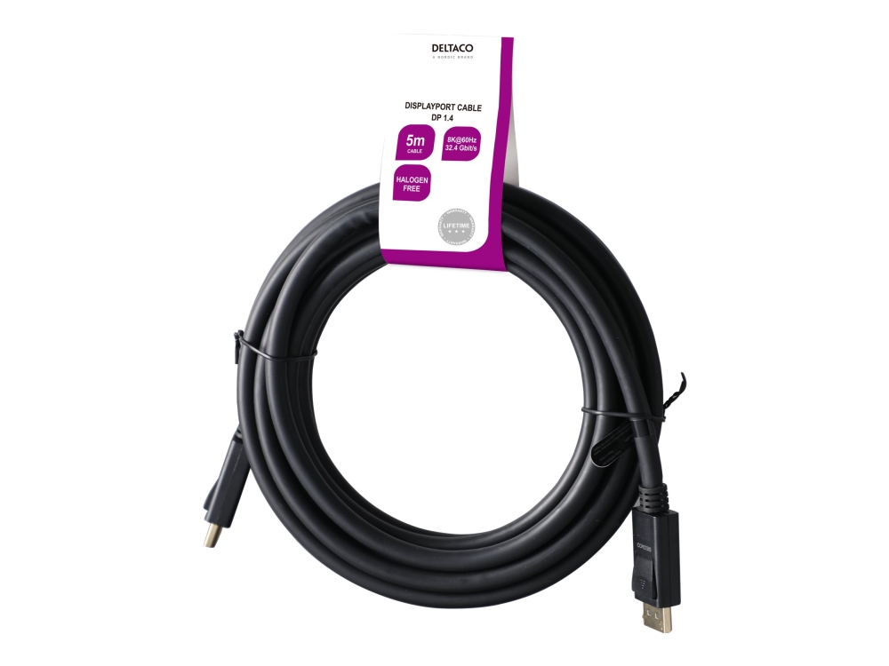 DELTACO - DisplayPort-kabel - DisplayPort (hane) till DisplayPort (hane) - DisplayPort 1.4 - 5 m - halogenfri, 8K60 Hz (7680 x 4320) stöd - svart