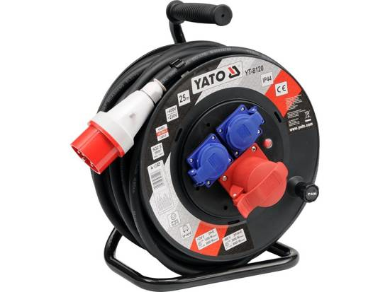 Yato YT-8120, Svart, Röd, Vit, Polyvinylklorid (PVC), 3 AC-utgångar, Hard wire 5-wire (3P + N + E), 25 m, 2,5 mm ² | EL Artiklar - Kablar och ledningar - Kabelrullar | GameStuff