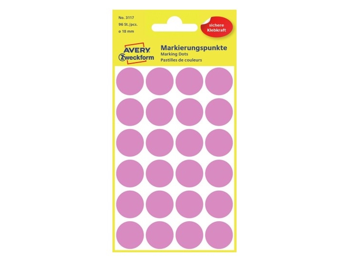 Avery 3117 Ø 18 mm, litet format, utan beläggning, 96 etiketter, rosa rosa 1650x850x10mm (96 st) | Papper & Emballage - Taggar - Manuell färgad | GameStuff