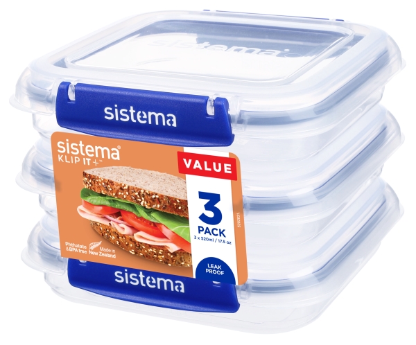 Sistema Madopbevaring - Klip It Plus - Square - 3-Pak - 520ml - Blå