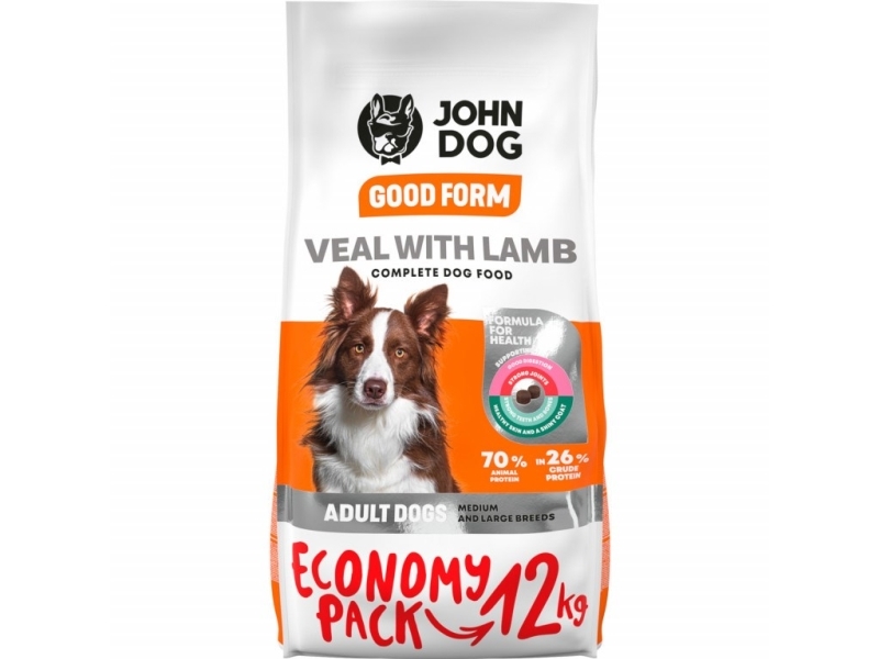 John Dog Good Form Adult Medium And Large Breeds Veal With Lamb - Tørfoder Til Hunde - 12 Kg