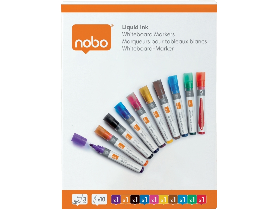 Nobo Whiteboard Marker Rund Spids 3 Mm Hurtigtørrende Blæk, Pakke/10 Stk. Assorteret