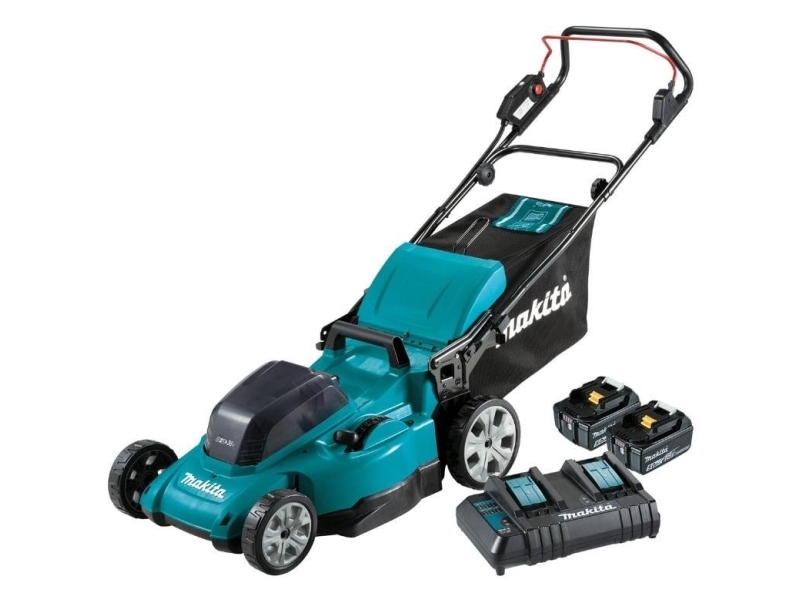 Makita batteridriven grästrimmer DLM480CT2 2x18 V, 48 cm, DC18SH inkl. batterier 2x5,0 Ah Li-ion, 4/1 (klippning/uppsamling/bioklipp/bakutkast), plastkåpa | Trädgården - Trädgårdsmaskiner - Batteri gräsklippare | GameStuff
