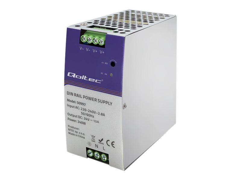 Qoltec industriel DIN-skinne strømforsyningsenhed | 240W | 24V | 10A