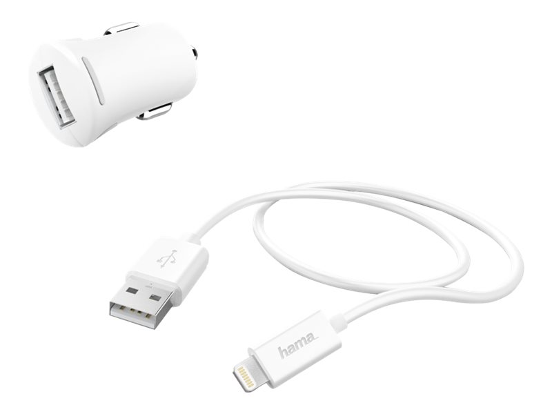 Hama Essential Line - Strømadapter Til Bilen - 12 Watt - 2,4 A - Hurtig Opladning (Usb) - På Kabel: Lightning - Hvid