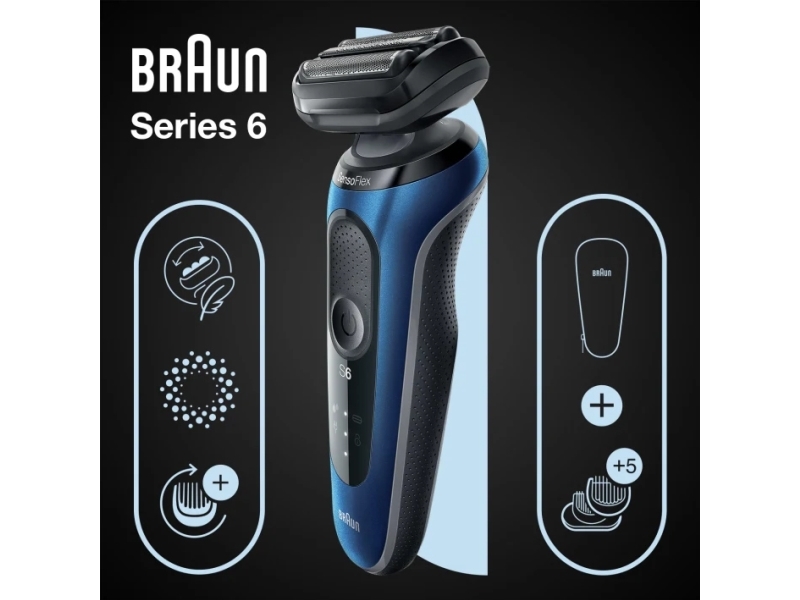 Braun Series 6 61-B1500s, Folie Knapper, Blå, LED, Batteri, Lithium-Ion (Li-Ion)
