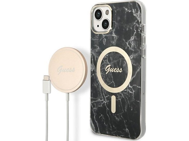 Guess Gubpp14shmeacsk Cover + Oplader Iphone 14 6.1" Sort/Sort Hårdt Cover Marble Magsafe