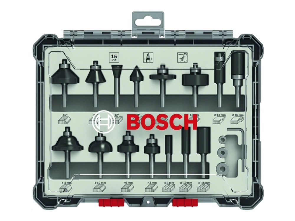 Bosch Bitsæt til fræsejern, 15 dele, blandet, skaft på 1/4"