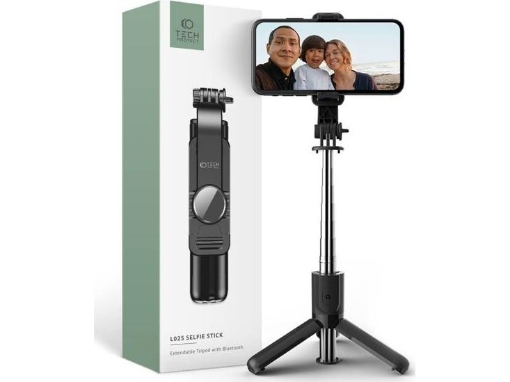 Tech-Protect L02s Bluetooth Selfie-Stick Med Stativ Op Til 72 Cm - Sort