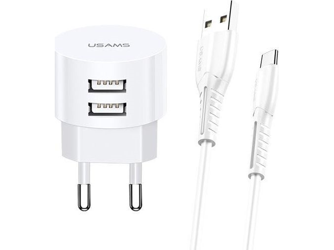 Usams T20 2.1A Væglader Med 2Xusb + Usb-C-Kabel, Hvid