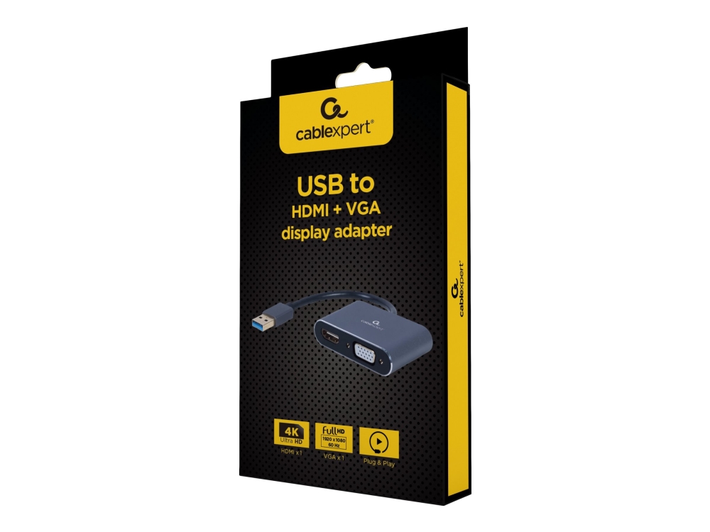 Cablexpert - Videoadapter - Usb Type A Han Til Hd-15 (Vga), Hdmi Hun - 15 Cm - Space Grey - 1080P Support 60 Hz (Vga), 1080P Support 60 Hz (Hdmi)