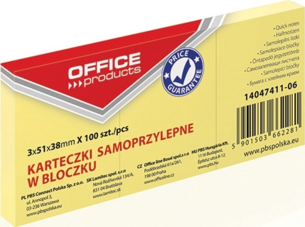 Office Products selvklæbende blok 38x51 mm, 1x100 kort, pastelfarvet, lys gul