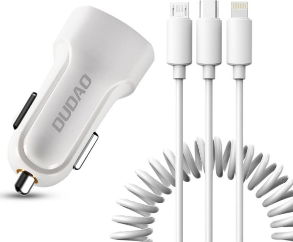 Dudao Kfz-Ladegerät 2X Usb 2,4A + Usb-3In1-Kabel Lightning / Type C / Micro Usb Kabel Weiß (R7 White)