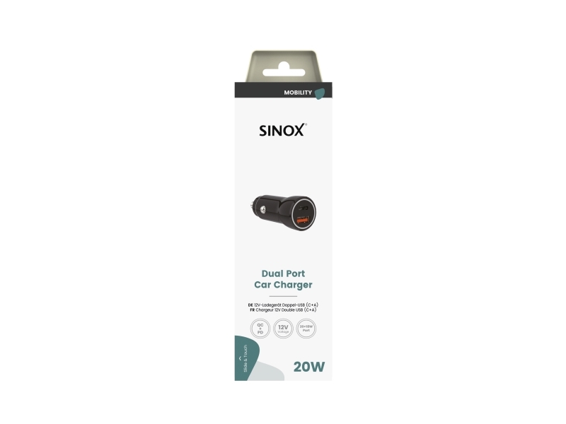 Sinox 12V Dual-Usb-Autoladegerät Usb A 18W + Usb C 20W Schwarz