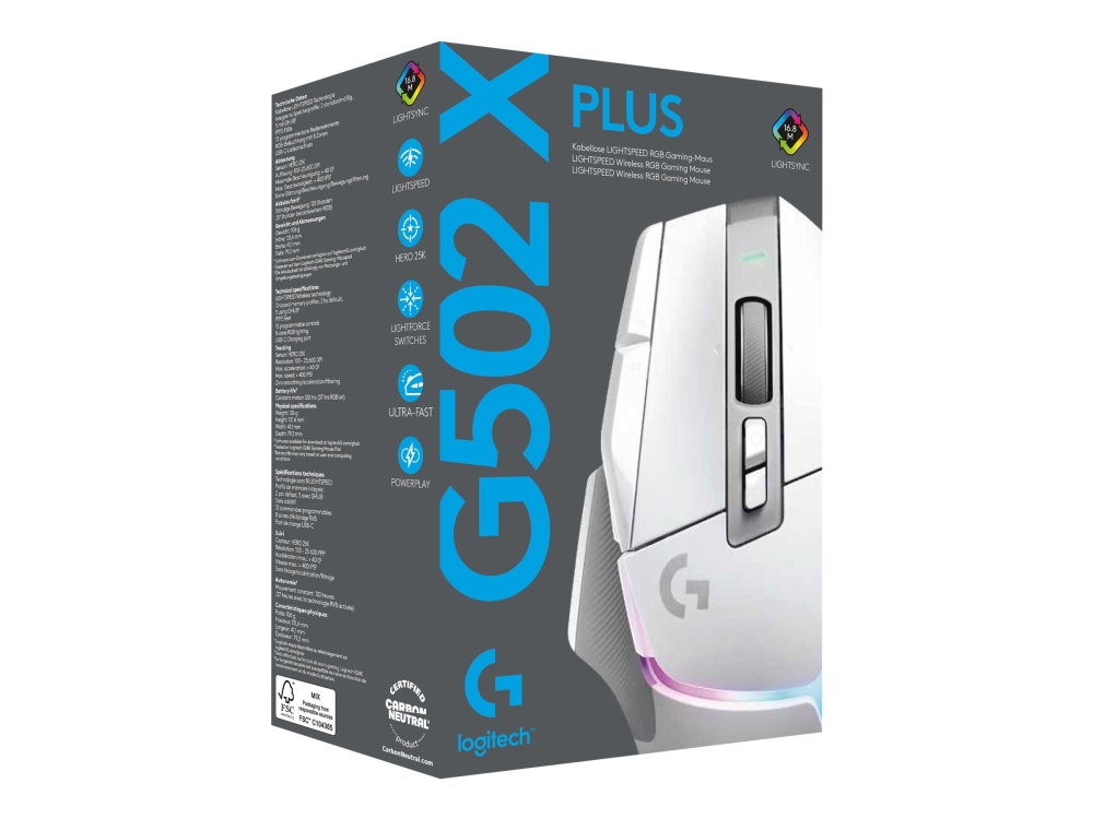 Logitech G G502 X Plus - Mus - Optisk - 11 Knapper - Trådløs - 2.4 Ghz - Usb Logitech Lightspeed-Modtager - Hvid