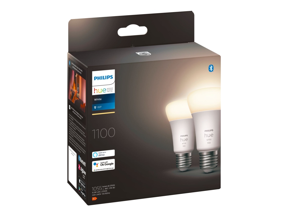 Philips Hue White A60 - E27 Smart Bulb - 1100 (2-Pack) Up To 1055 Lumens - Soft White Light - Instant Control Via Bluetooth - Add Hue Bridge To Unloc