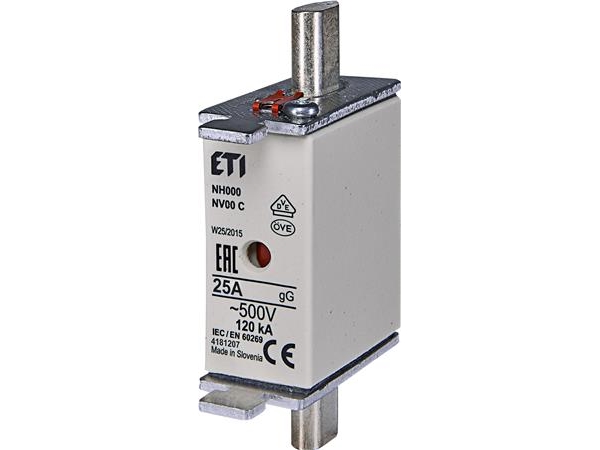 Säkring NH00 25A gG, 500V AC, brytförmåga 120kA, Standard IEC 60269-1, IEC 60269-2. Med statusindikator - (3 st) | EL Artiklar - Elcentral - Diverse utrustning för svarta tavlor | GameStuff