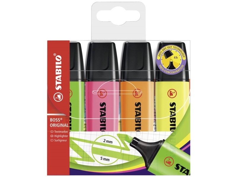 Highlighter, Stabilo Boss Original, ass. farver, pakke a 4 stk | Skrivredskap - Överstryckningspennor - Tjock Överstryckningspennor | GameStuff