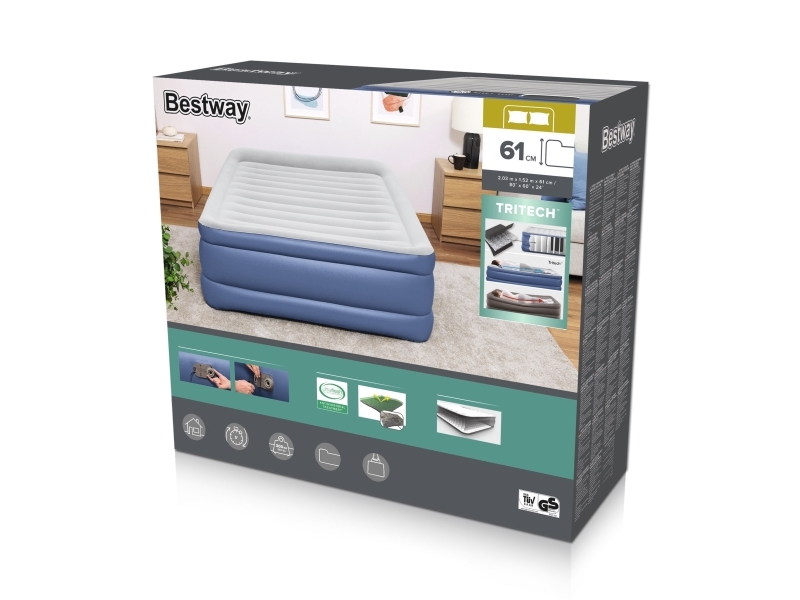 Bestway 67690 / 23, Dobbelt Madras, Queen Size, Rektandel, Indendørs, Indbygget Luftpumpe