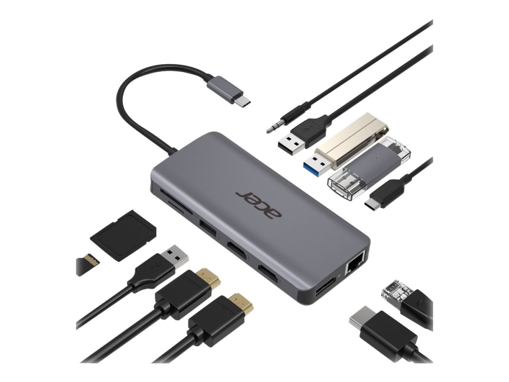 Acer 12-In-1 Type-C Adapter - Dockingstation - USB-C - 2 x HDMI, DP - GigE - Sølv