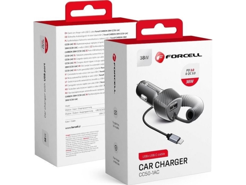 Forcell Carbon Biloplader Usb Qc 3.0 18W + Kabel Til Type C 3.0 Pd20w Cc50-1Ac Sort (I Alt 38W)