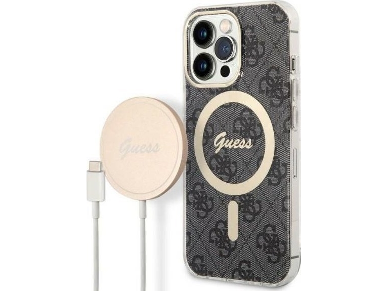 Guess Gubpp13lh4eacsk Cover + Oplader Til Iphone 13 Pro - Sort/Sort Hard Case 4G Print Magsafe