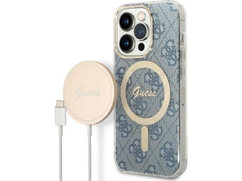Guess Oplader-Sæt Etui + Trådløs Oplader Gubpp14lh4eacsb Til Apple Iphone 14 Pro Blå Hard Case 4G Print Magsafe