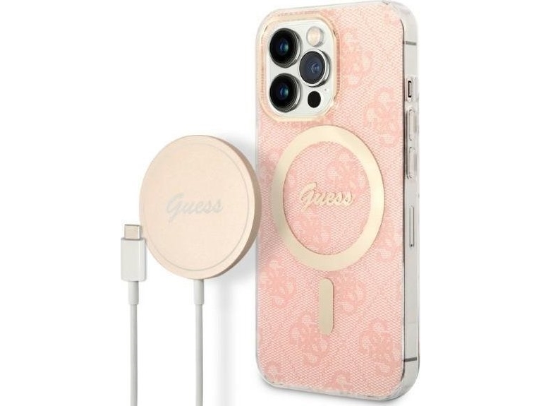 Guess oplader-sæt: Guess etui + trådløs oplader GUBPP13XH4EACSP til Apple iPhone 13 Pro Max (pink hard case) 4G MagSafe
