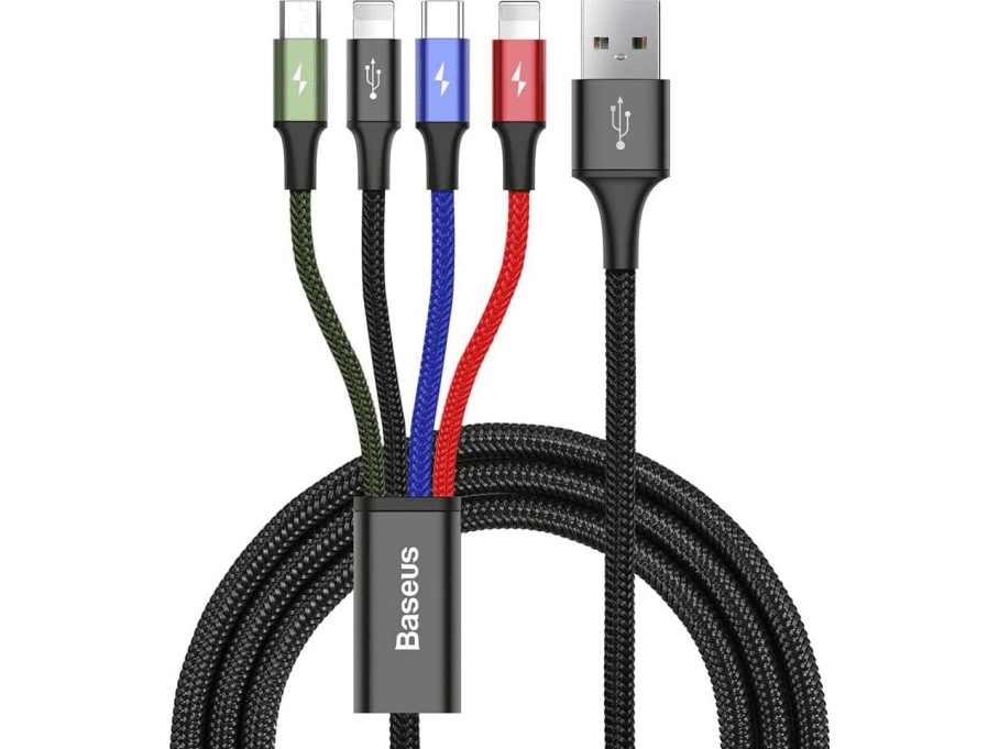 Baseus KB2L435A12BK, Sort, Blå, Grøn, Rød, USB A, 2 x Lightning + micro-USB B + USB C, 1,2 m, Hanstik, Hanstik