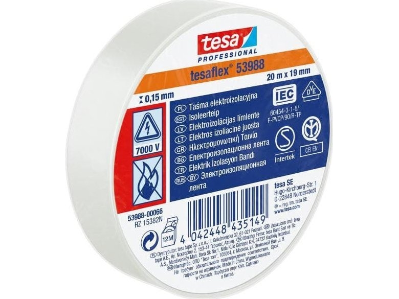 Tesa Tasma elektroizolacyjna 5000V PVC 20m 19mm biala 53988-00066-00