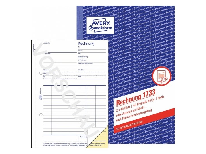 Avery Rechnung 1733 A5 2X40 Blatt, Weiß, Gelb, A5, 148 Mm, 210 Mm, 40 Blätter