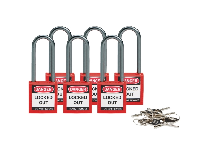 Brady Kompakte Lockout-Vorhängeschlösser, Herkömmliches Vorhängeschloss, Tastensperre, Unterschiedliche Schließung, Rot, Nylon, Aluminium