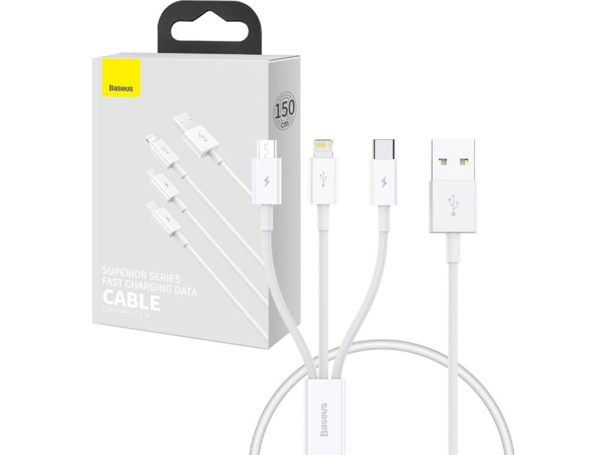 Baseus Superior Series Usb-A Til Usb-C / Lightning / Micro Usb 3.5A Kabel 0,5 M - Hvid