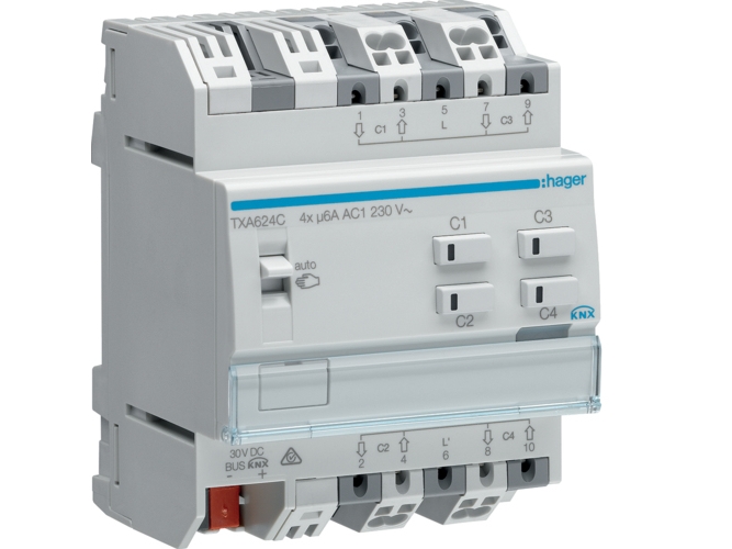 Hager TXA624C, Persienne/skodder aktuator, DIN skinnemonteret, 4 kanaler, IP20, Hvid, 230 V