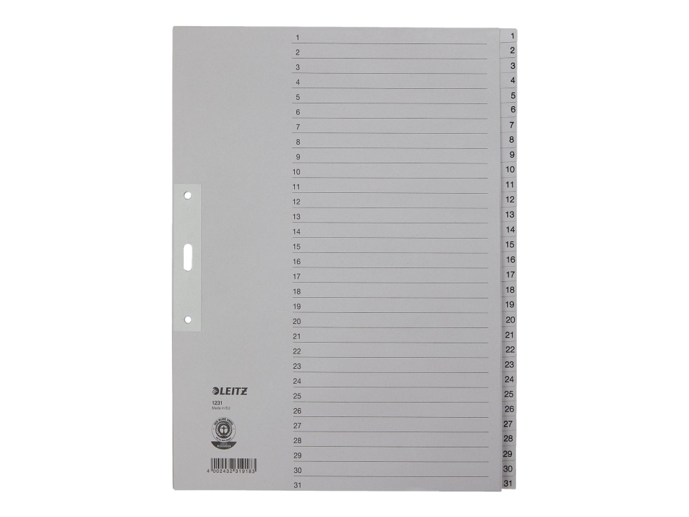 Leitz - Deler - 31 Dele - Præ-Trykt: 1-31 - For A4 Extra (235 × 322 Mm) - Med Faneblade - Grå