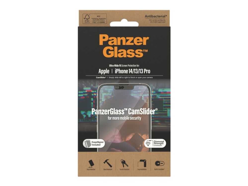 PanzerGlass CamSlider - Skærmbeskytter for mobiltelefon - etuivenlig - glas - rammefarve sort - for Apple iPhone 13, 13 Pro, 14