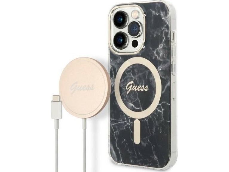 Guess Gubpp14lhmeacsk Etui + Oplader Iphone 14 Pro 6,1" Sort/Sort Hard Case Marble Magsafe
