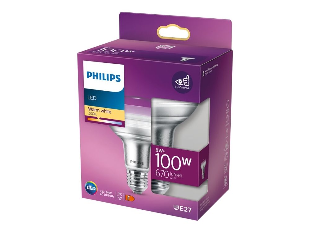 Philips Reflektor 100W R80 E27, 8 W, 100 W, E27, 670 Lm, 15000 H, Warmweiß