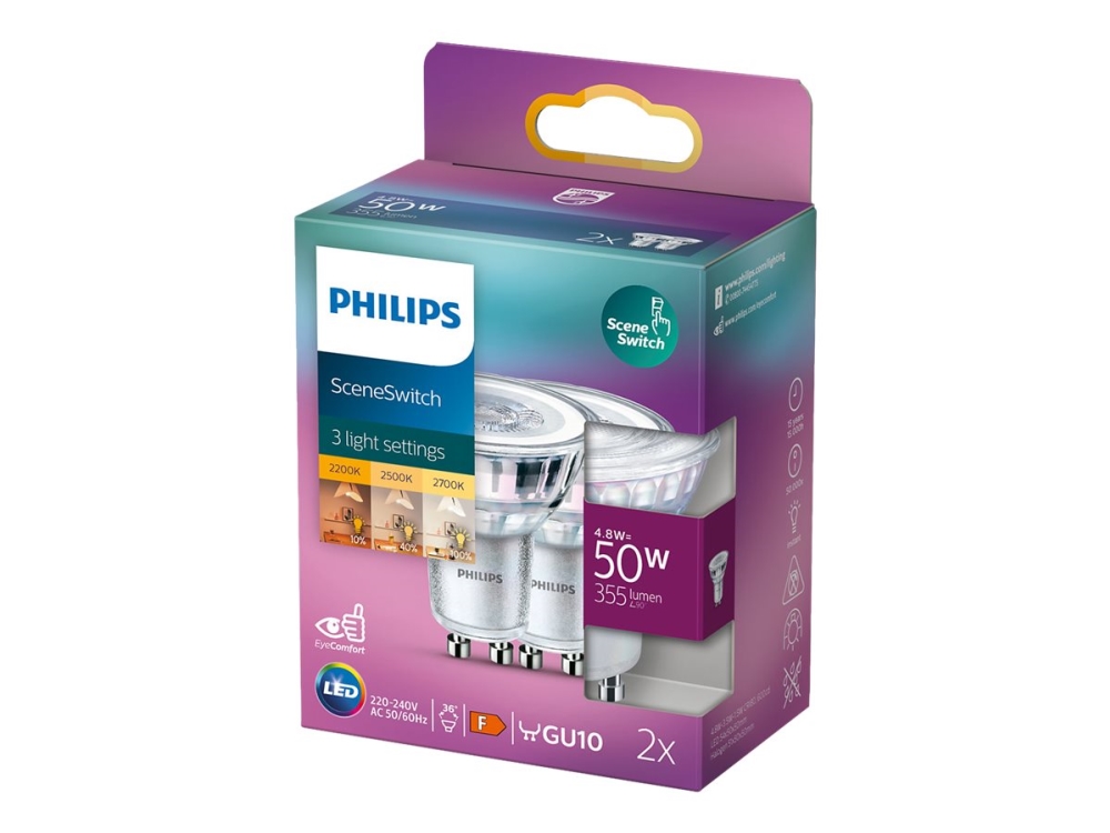 Philips SceneSwitch - LED-spotlight - GU10 - 1.5/3.5/4.8 W (motsvarande 50 W) - klass F - varmvitt/flammljus - 2200/2500/2700 K (paket om 2) | Belysning - Ljuskälla - GU10 Ljuskälla | GameStuff