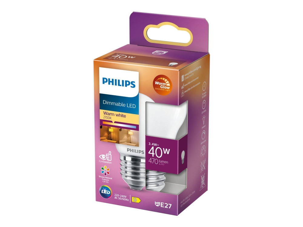 Philips – Led-Glühbirne – Form: P45 – Mattierte Oberfläche – E27 – 3,4 W (Entspricht 40 W) – Klasse D – Warmweißes Licht – 2200–2700 K