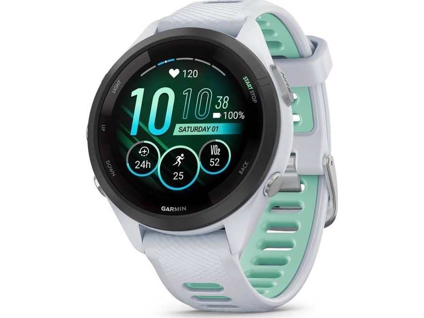 Garmin Forerunner 265S smartwatch. Svart bezel med vit sten och vit sten och gr&ouml;nt silikonband