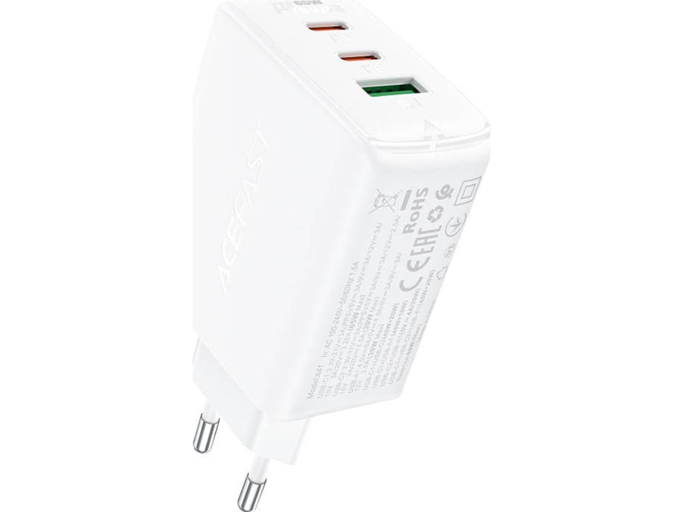 Acefast Schnellladegerät Gan (2X Usb-C / Usb-A) Pps / Pd / Qc4+ 65W Weiß (A41)