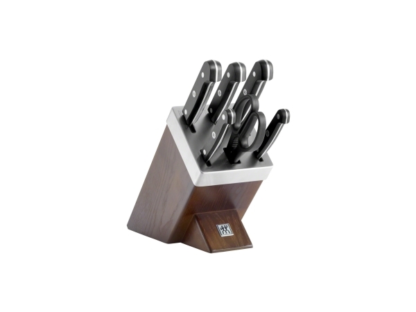 ZWILLING Gourmet Självslipande knivblock i mörk ask, 7 delar. Innehåller: Skalkniv 10cm - grönsakskniv tandad 13 cm - kött/filé kniv 16cm - kockkniv 20cm - brödkniv 20cm - Universalsax 20,5 cm - knivblock, självslipande i brun ask & matt borstad rostfri överdel.